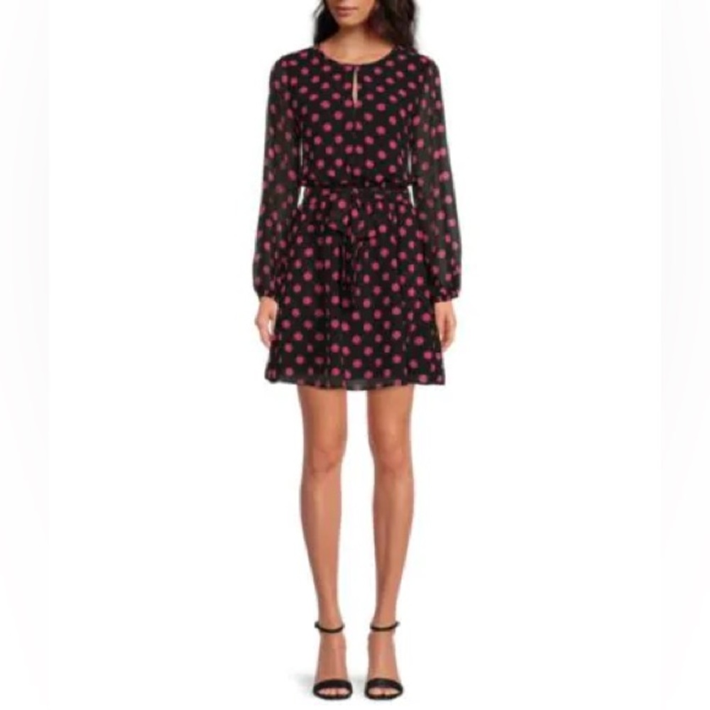 LDT Aubrey Dotted Long Blouson Sleeve Round Keyhole Neck Tie Waist Dress